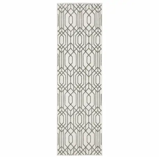 White And Grey Geometric Power Loom Stain Resistant Runner Rug Photo 1