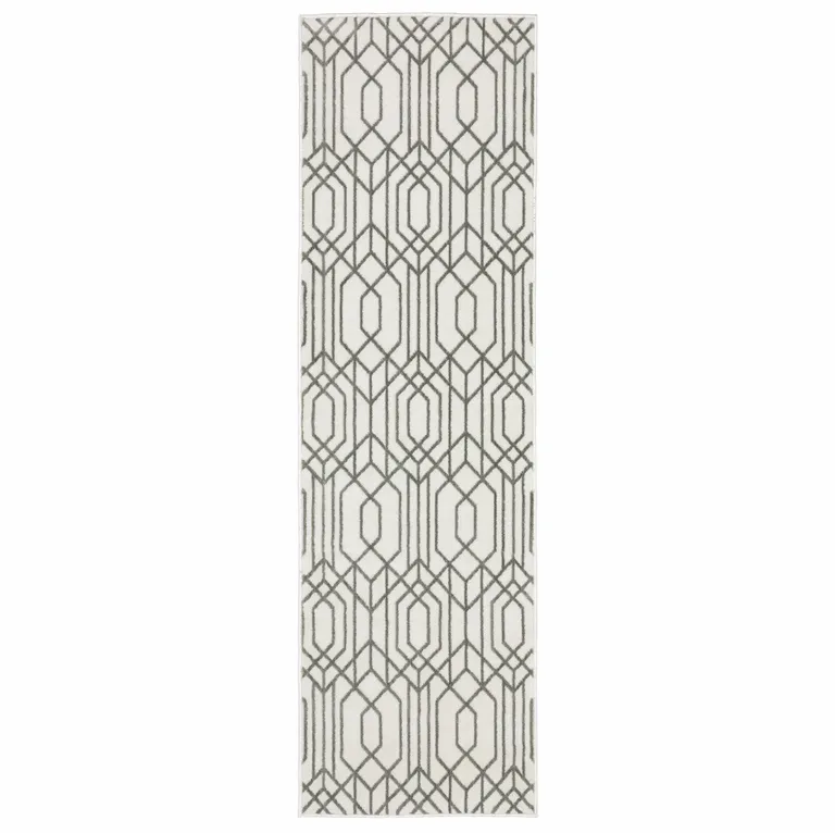 White And Grey Geometric Power Loom Stain Resistant Runner Rug Photo 1