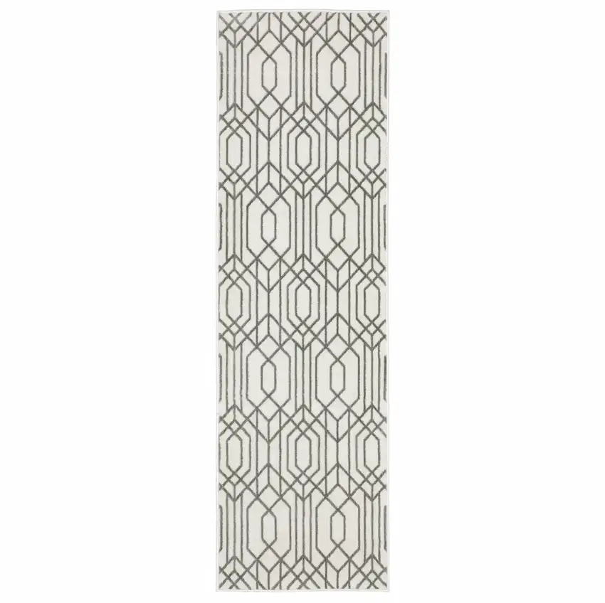 White And Grey Geometric Power Loom Stain Resistant Runner Rug Photo 1