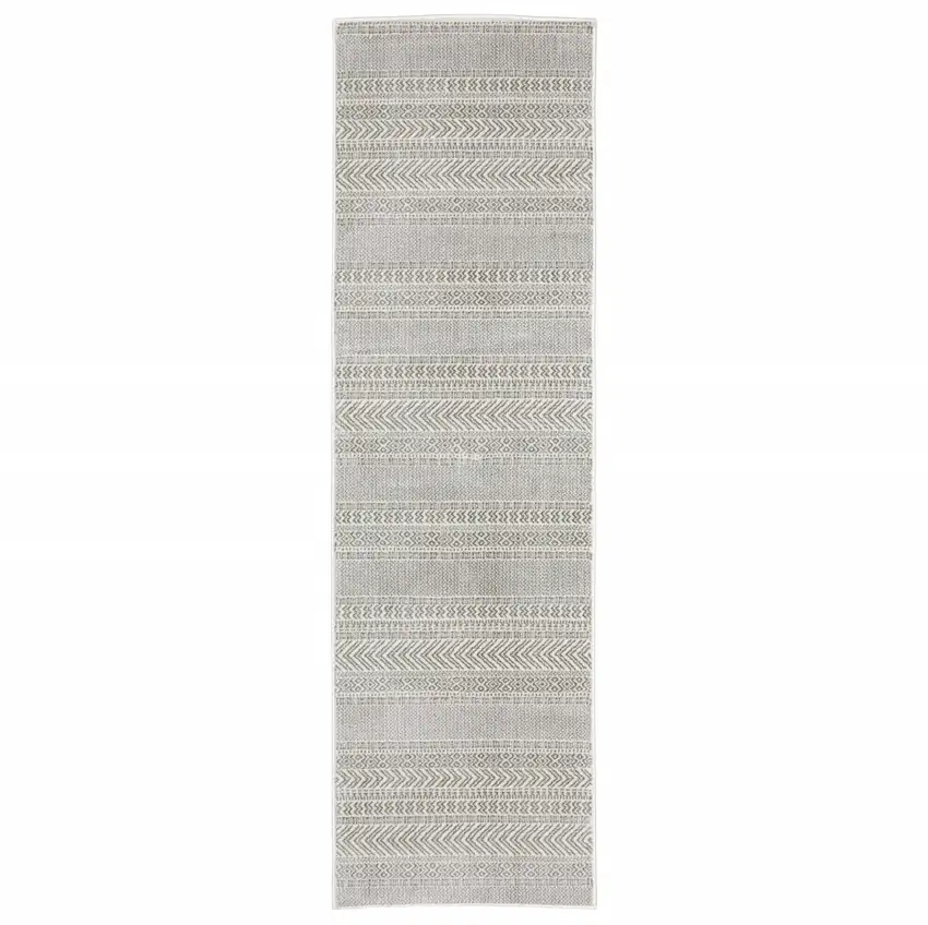 White And Grey Geometric Power Loom Stain Resistant Runner Rug Photo 1
