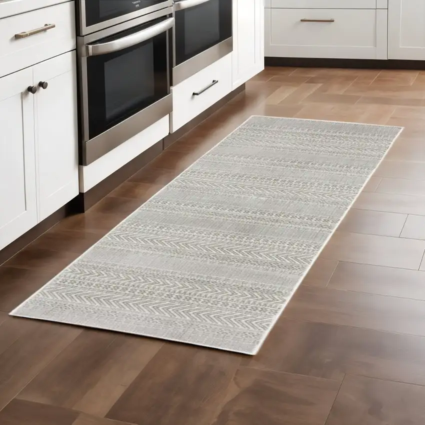 2' X 8' White And Grey Geometric Power Loom Stain Resistant Runner Rug Photo 1