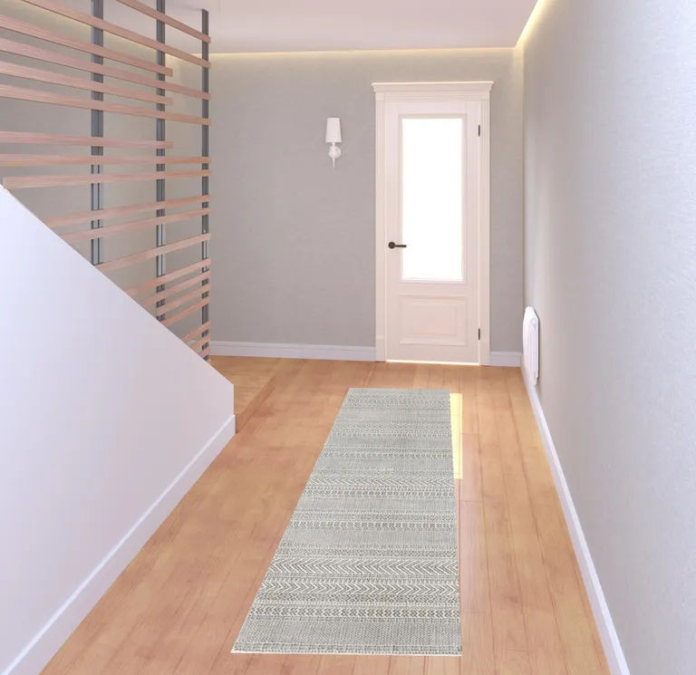 White And Grey Geometric Power Loom Stain Resistant Runner Rug Photo 2