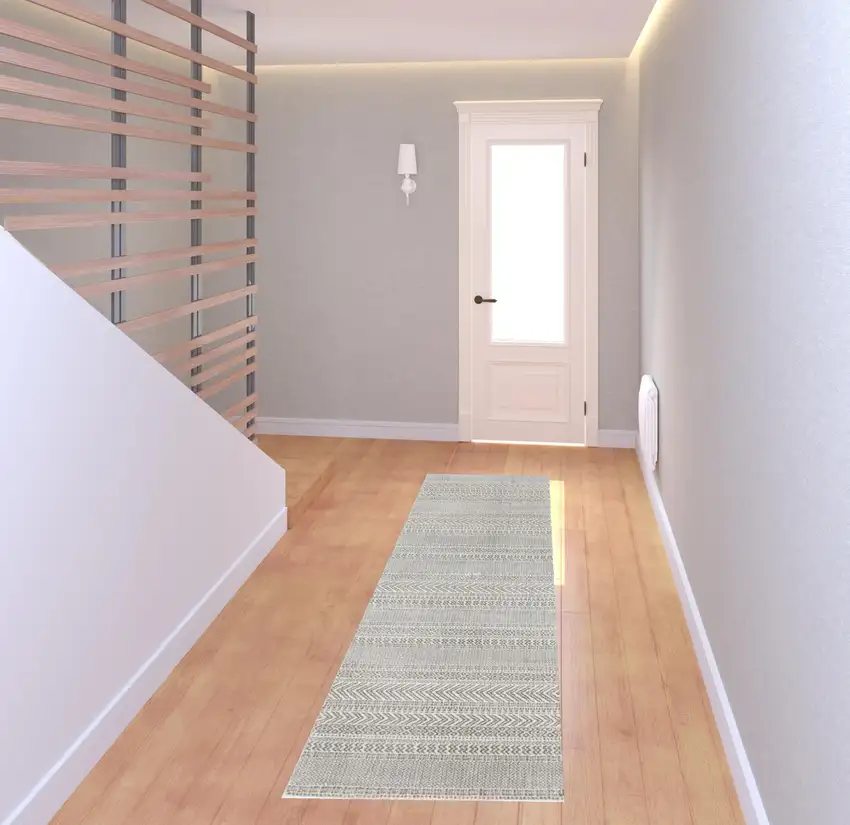 White And Grey Geometric Power Loom Stain Resistant Runner Rug Photo 2