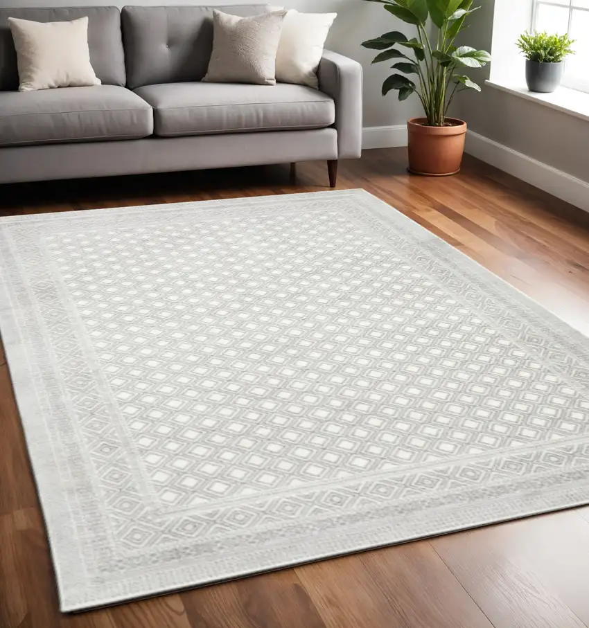 White And Grey Oriental Power Loom Stain Resistant Area Rug Photo 1
