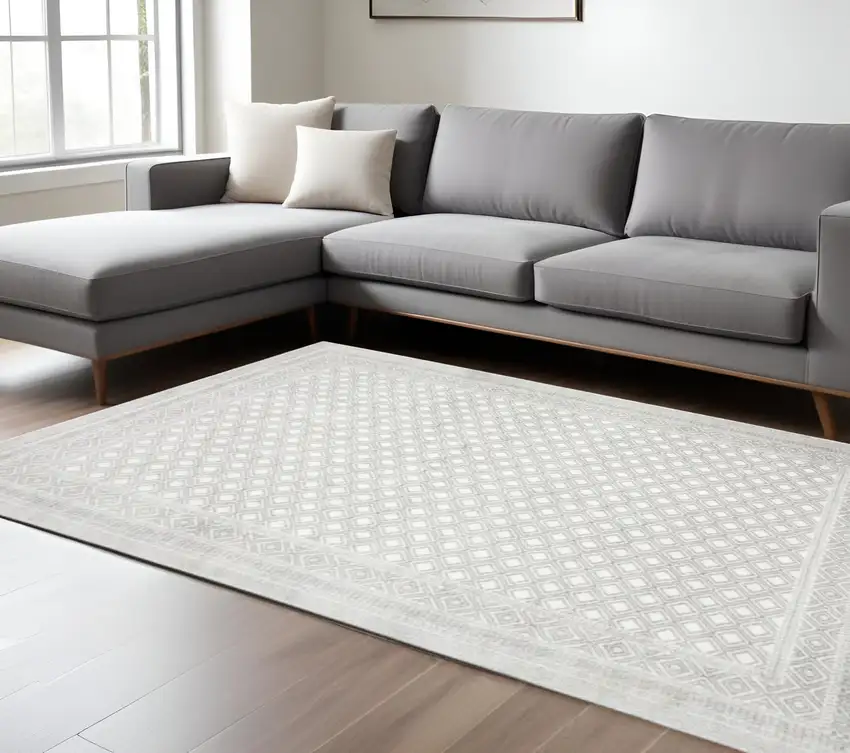 White And Grey Oriental Power Loom Stain Resistant Area Rug Photo 1