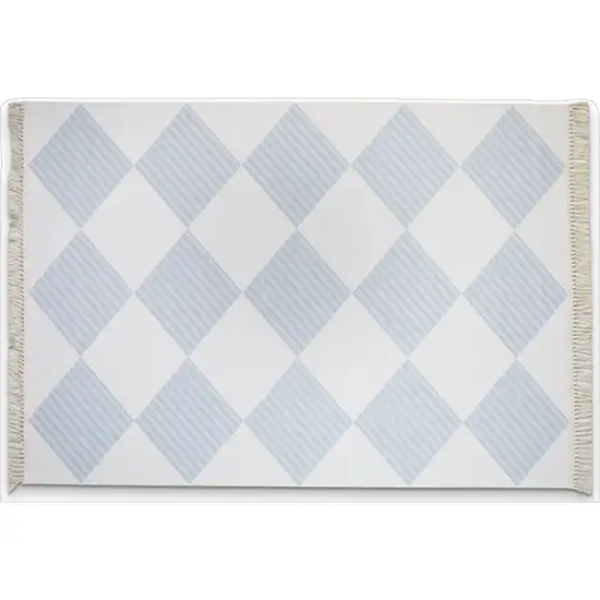 White And Light Blue Diamond Area Rug With Fringe Photo 2