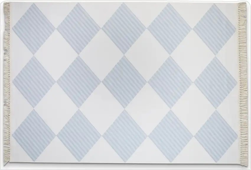 White And Light Blue Diamond Area Rug With Fringe Photo 2
