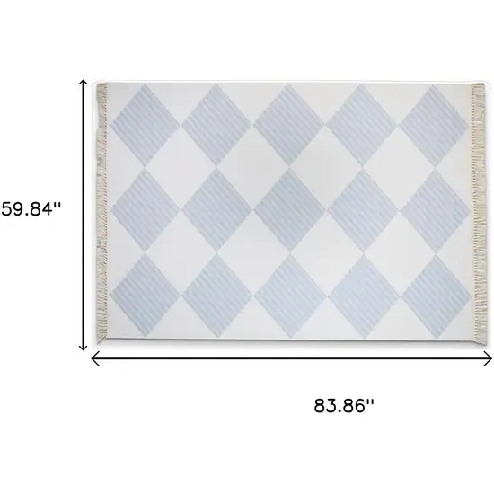 White And Light Blue Diamond Area Rug With Fringe Photo 3