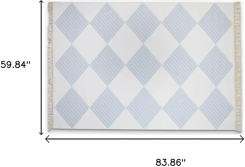 White And Light Blue Diamond Area Rug With Fringe Photo 3