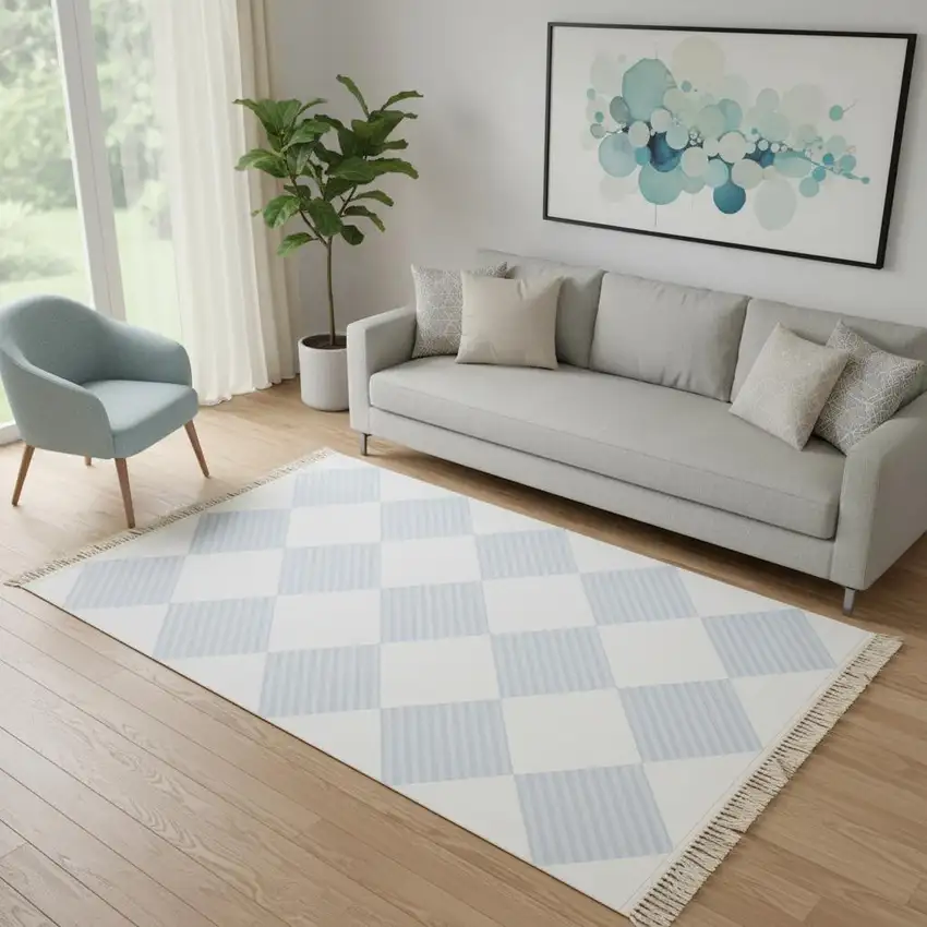 White And Light Blue Diamond Area Rug With Fringe Photo 1