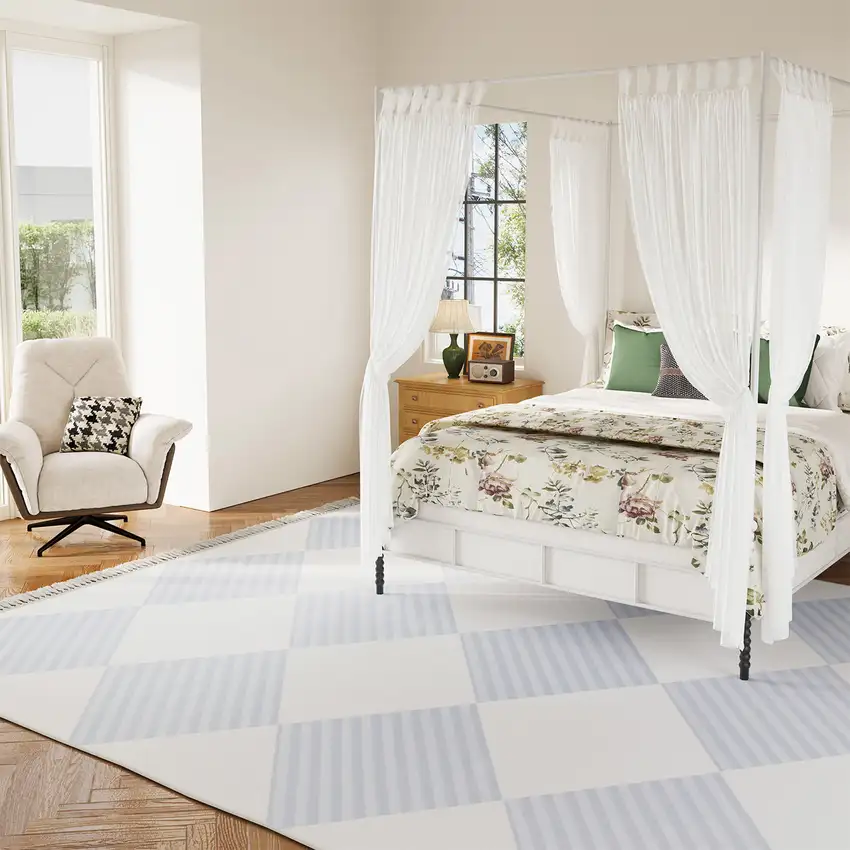 White And Light Blue Diamond Area Rug With Fringe Photo 6