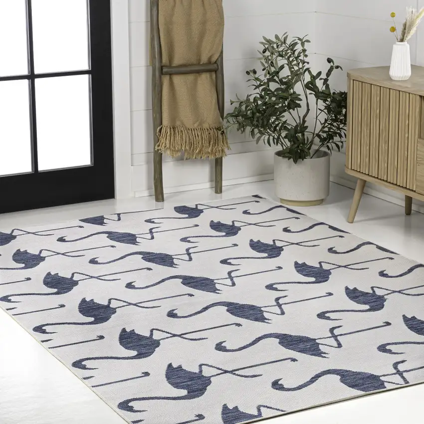 White And Navy Blue Animal Print Indoor Outdoor Area Rug Photo 4