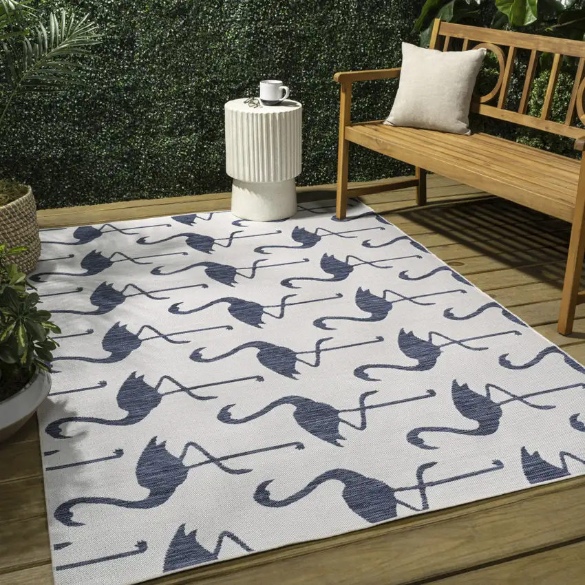 White And Navy Blue Animal Print Indoor Outdoor Area Rug Photo 6