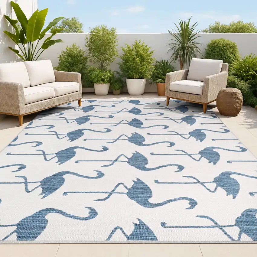 White And Navy Blue Animal Print Indoor Outdoor Area Rug Photo 3