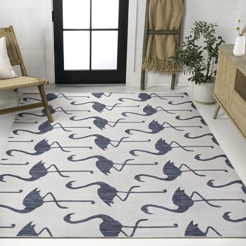 White And Navy Blue Animal Print Indoor Outdoor Area Rug Photo 5