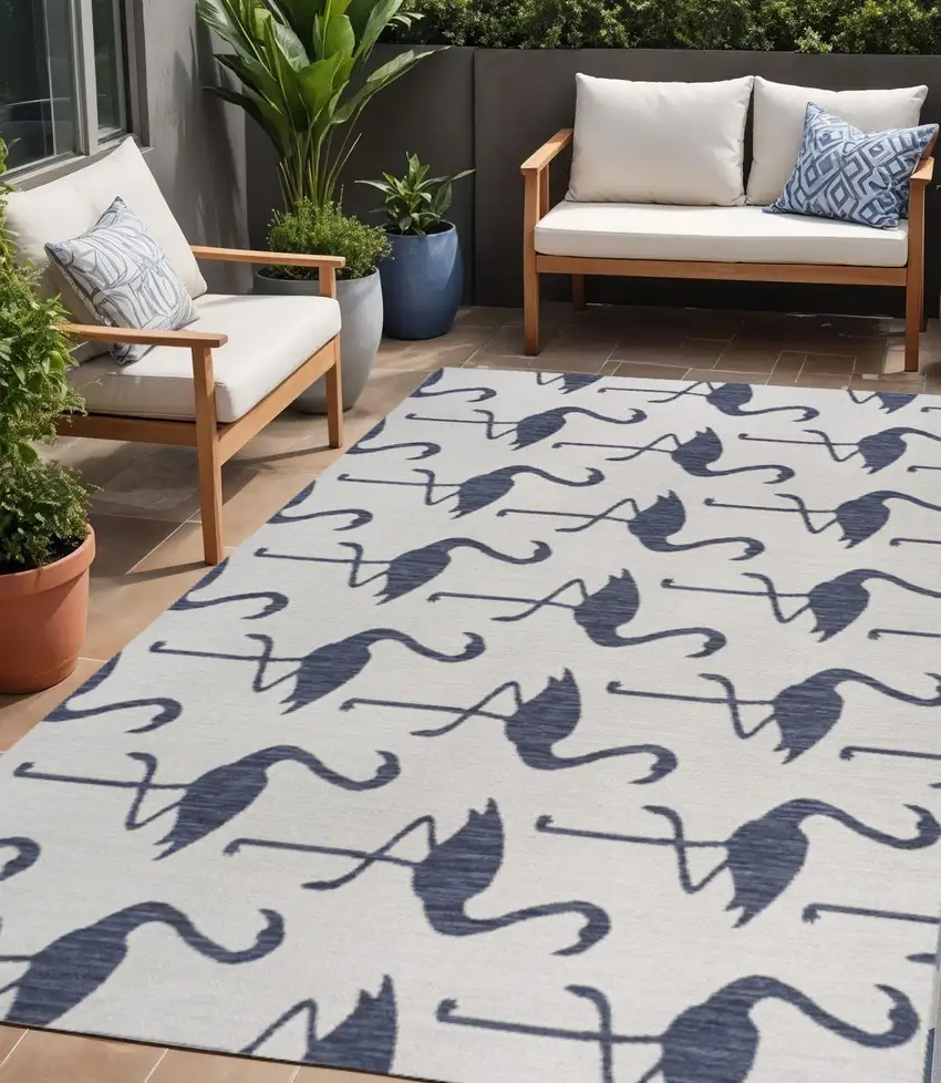 White And Navy Blue Animal Print Indoor Outdoor Area Rug Photo 1