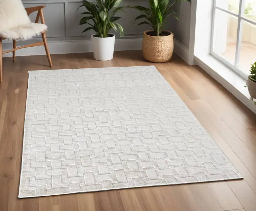 Silver and White Striped Hand Woven Area Rug Photo 1