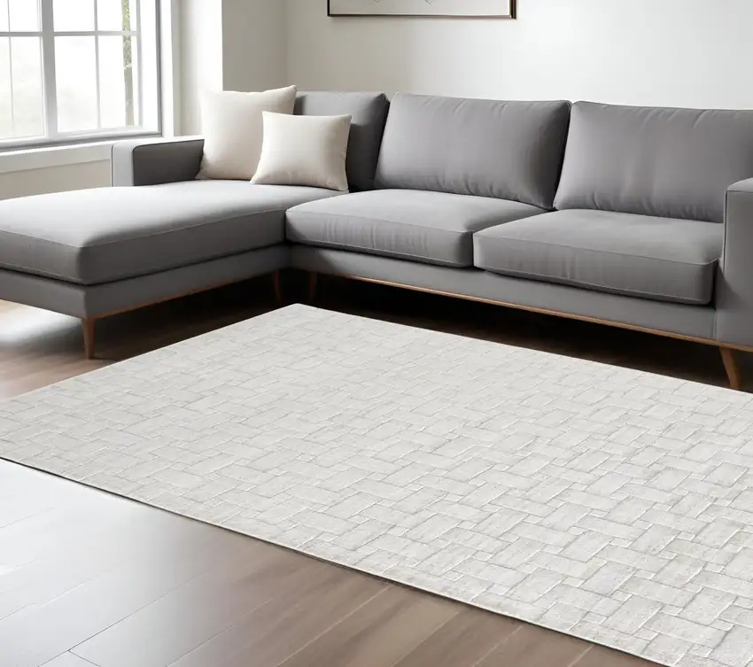 Silver and White Striped Hand Woven Area Rug Photo 1