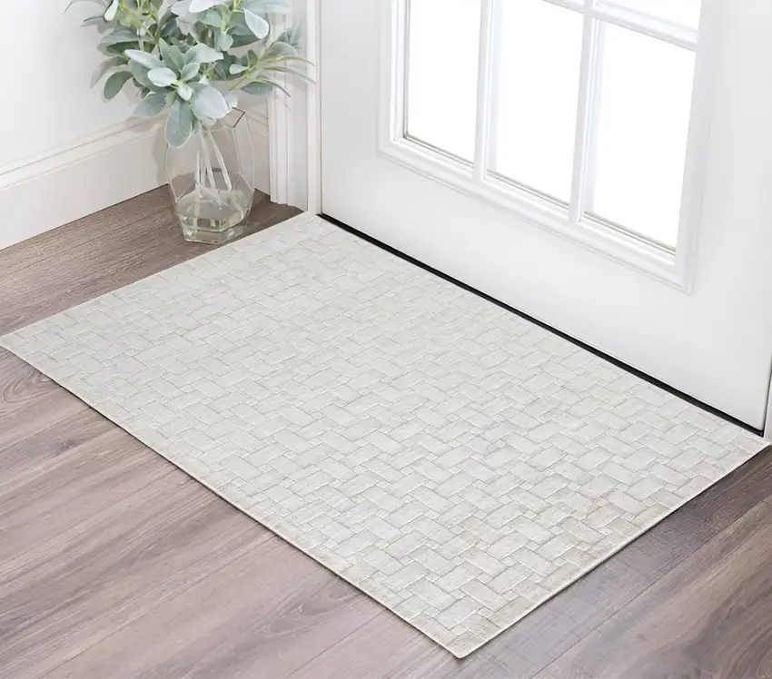 Silver and White Striped Hand Woven Area Rug Photo 1