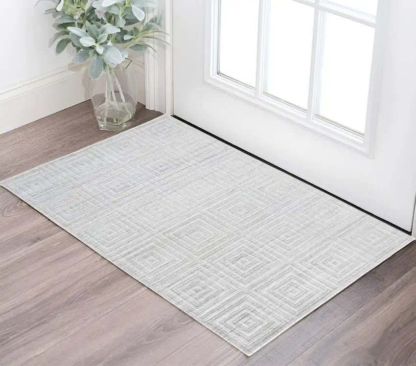 Silver and White Striped Hand Woven Area Rug Photo 1