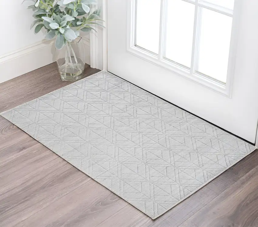 Silver and White Striped Hand Woven Area Rug Photo 1