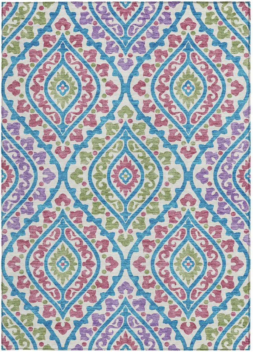 White Artichoke Green And Purple Floral Washable Indoor Outdoor Area Rug Photo 7