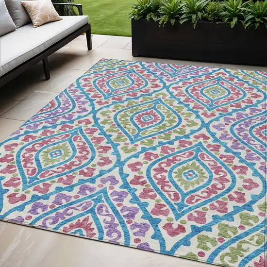 White Artichoke Green And Purple Floral Washable Indoor Outdoor Area Rug Photo 1