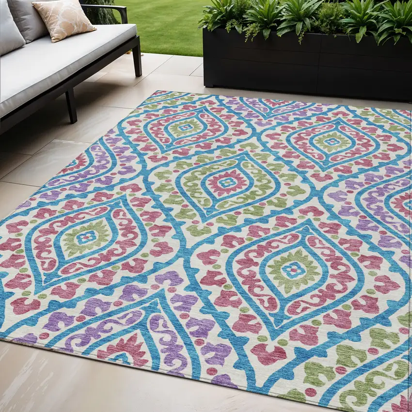 White Artichoke Green And Purple Floral Washable Indoor Outdoor Area Rug Photo 1