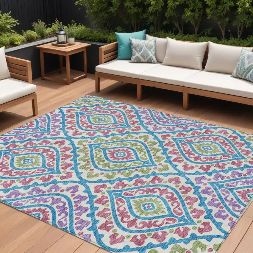 White Artichoke Green And Purple Floral Washable Indoor Outdoor Area Rug Photo 1
