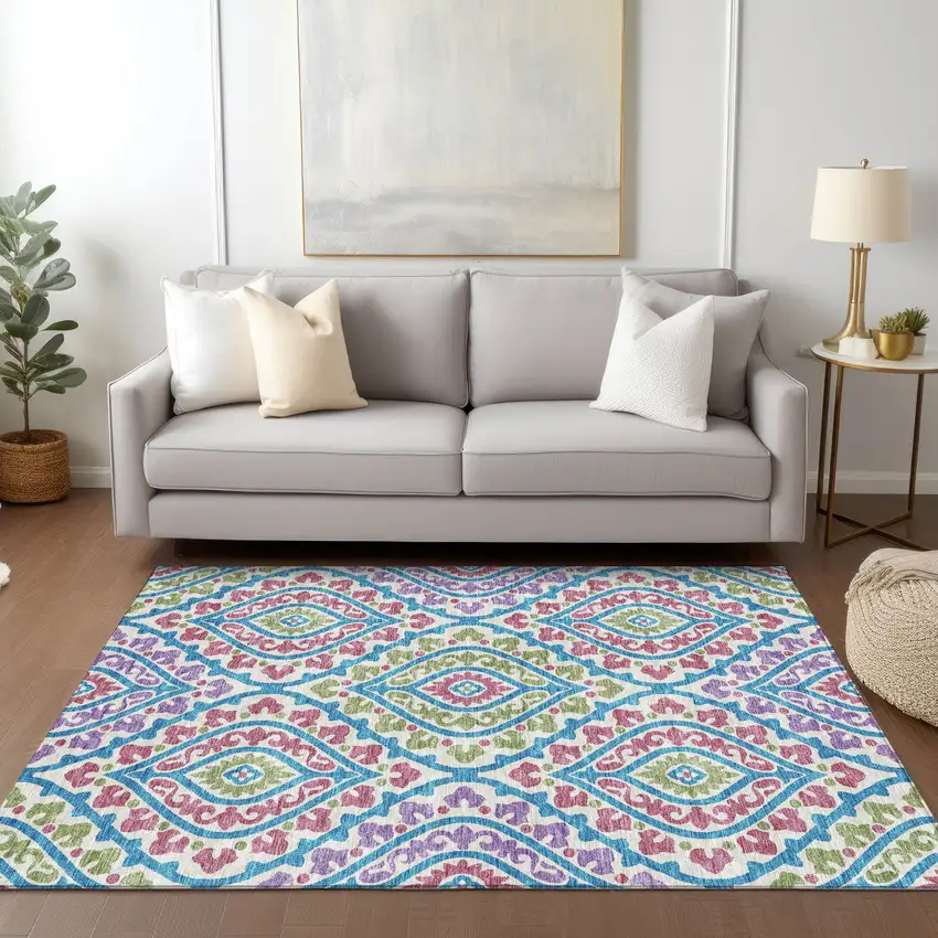 White Artichoke Green And Purple Floral Washable Indoor Outdoor Area Rug Photo 9