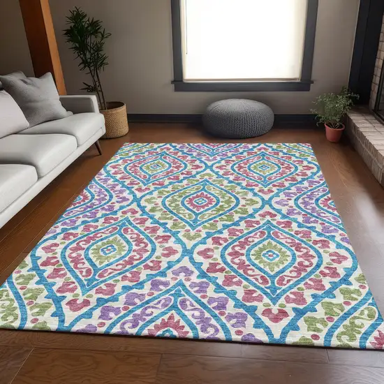 White Artichoke Green And Purple Floral Washable Indoor Outdoor Area Rug Photo 7
