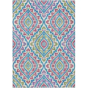 Photo of White Artichoke Green And Purple Floral Washable Indoor Outdoor Area Rug