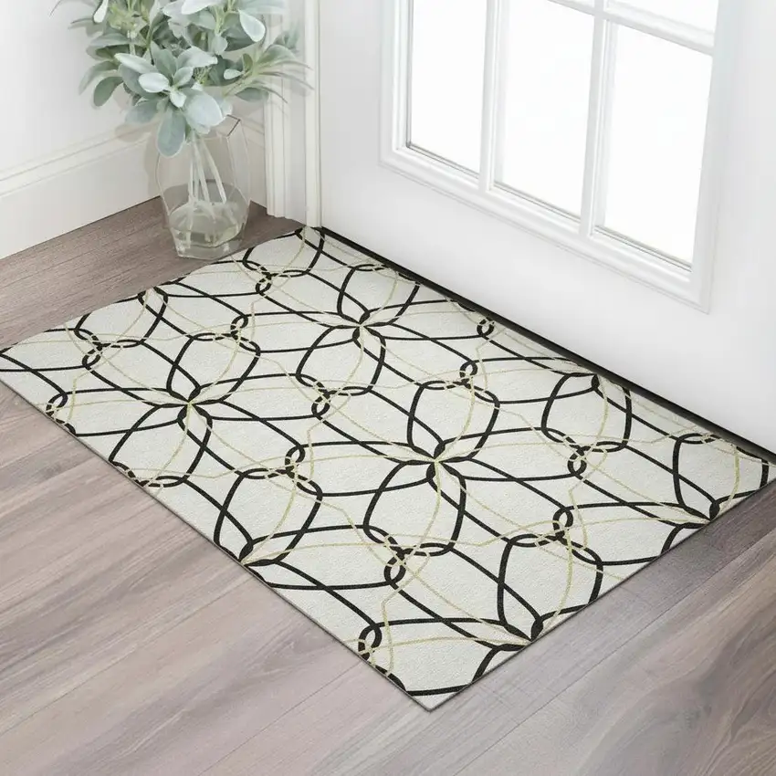 White Black And Gold Geometric Washable Area Rug With UV Protection Photo 2