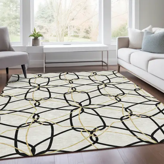 White Black And Gold Geometric Washable Area Rug With UV Protection Photo 5