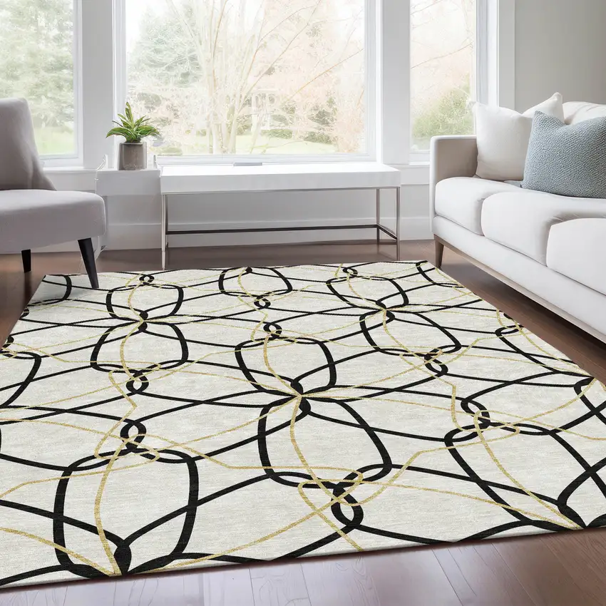 White Black And Gold Geometric Washable Area Rug With UV Protection Photo 5