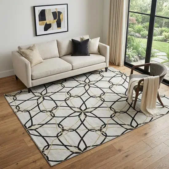 White Black And Gold Geometric Washable Area Rug With UV Protection Photo 1