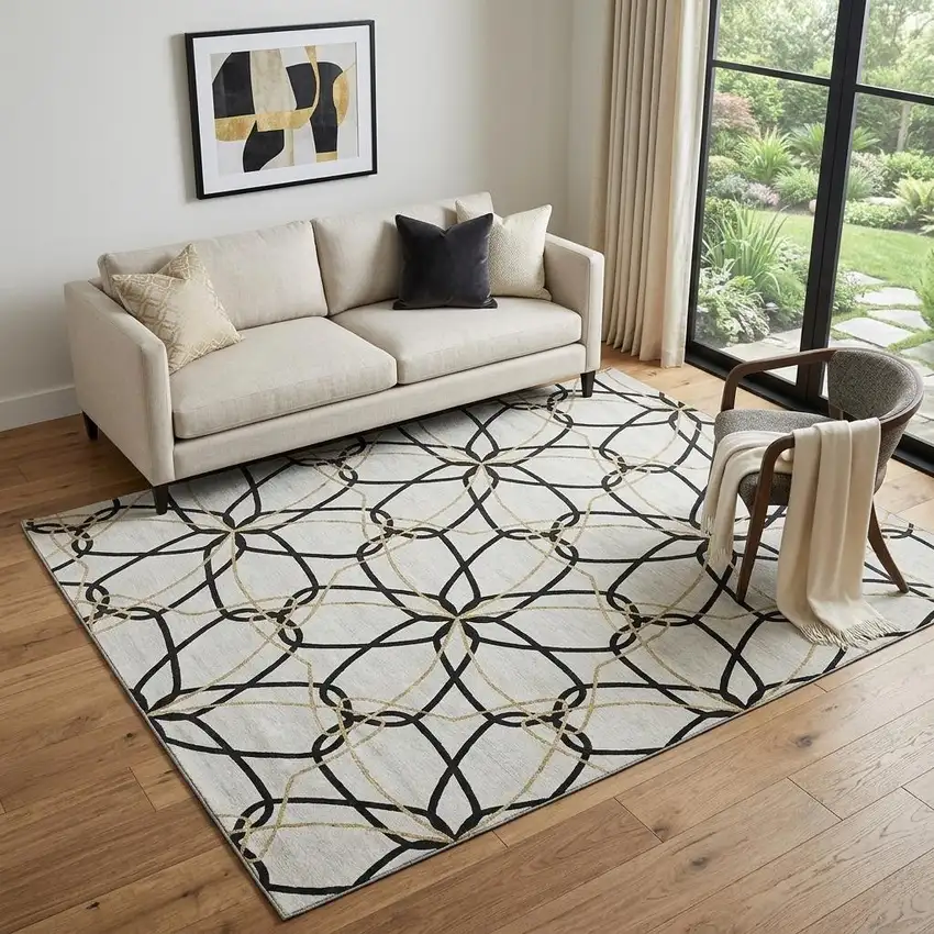 White Black And Gold Geometric Washable Area Rug With UV Protection Photo 1