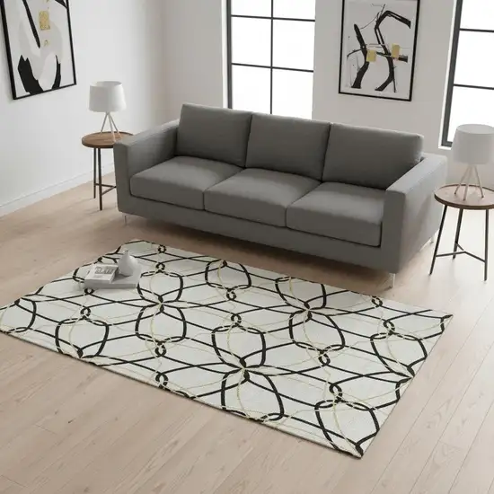White Black And Gold Geometric Washable Area Rug With UV Protection Photo 2