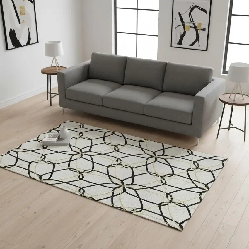 White Black And Gold Geometric Washable Area Rug With UV Protection Photo 2