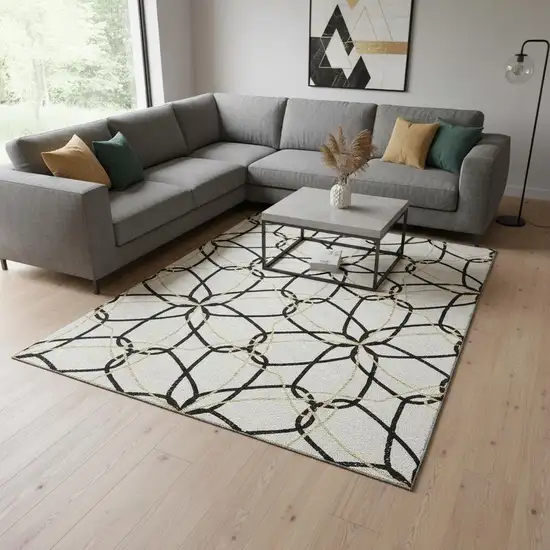 White Black And Gold Geometric Washable Area Rug With UV Protection Photo 2