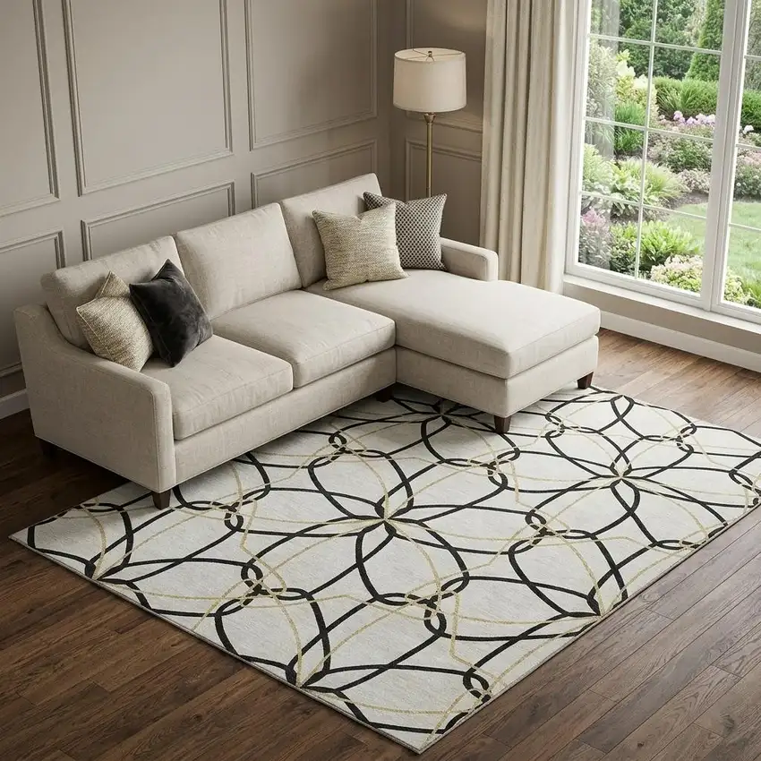 White Black And Gold Geometric Washable Area Rug With UV Protection Photo 1
