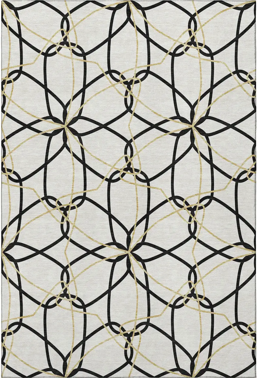 White Black And Gold Geometric Washable Area Rug With UV Protection Photo 3