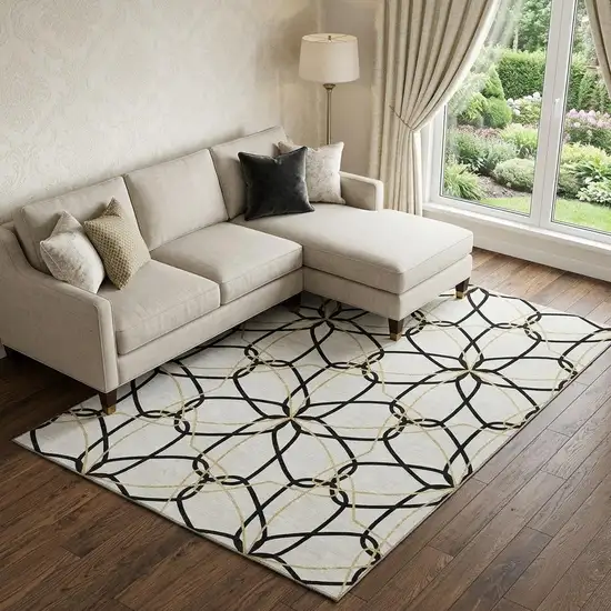 White Black And Gold Geometric Washable Area Rug With UV Protection Photo 1