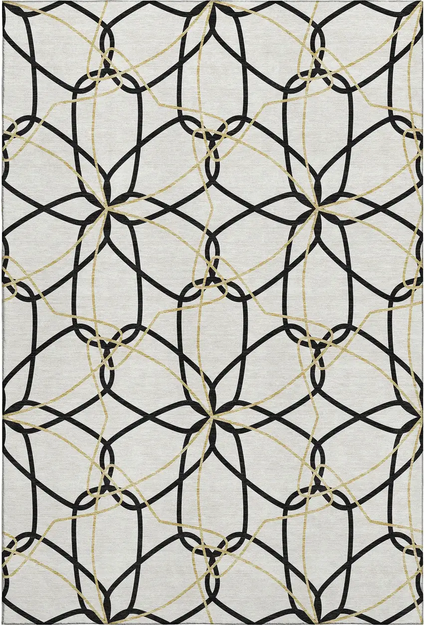 White Black And Gold Geometric Washable Area Rug With UV Protection Photo 1