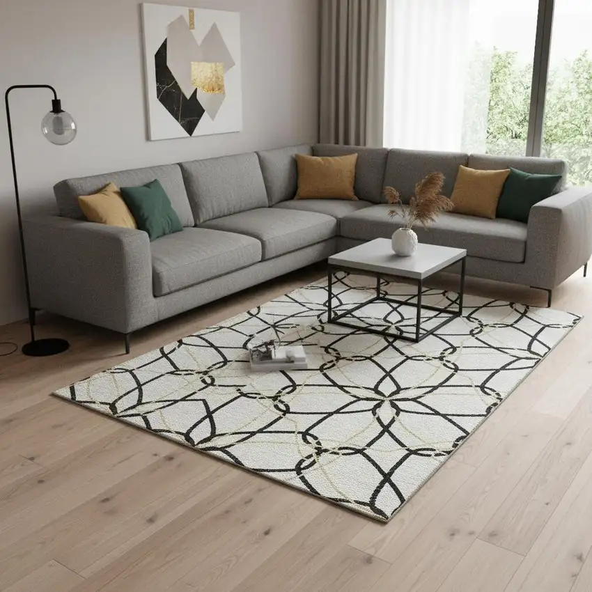 White Black And Gold Geometric Washable Area Rug With UV Protection Photo 2