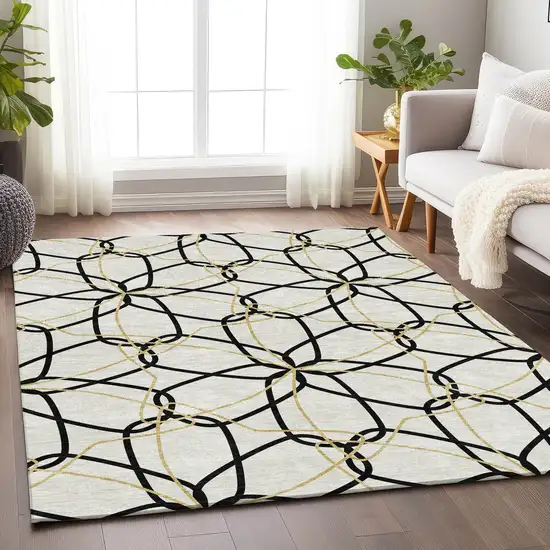 White Black And Gold Geometric Washable Area Rug With UV Protection Photo 4