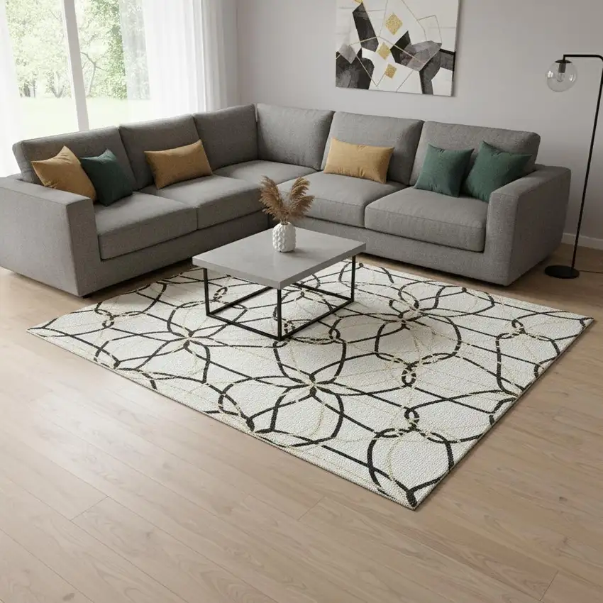 White Black And Gold Geometric Washable Area Rug With UV Protection Photo 2