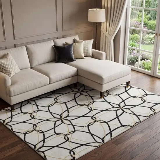 White Black And Gold Geometric Washable Area Rug With UV Protection Photo 1
