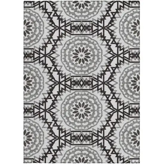 White Black And Gray Floral Medallion Washable Indoor Outdoor Area Rug Photo 5