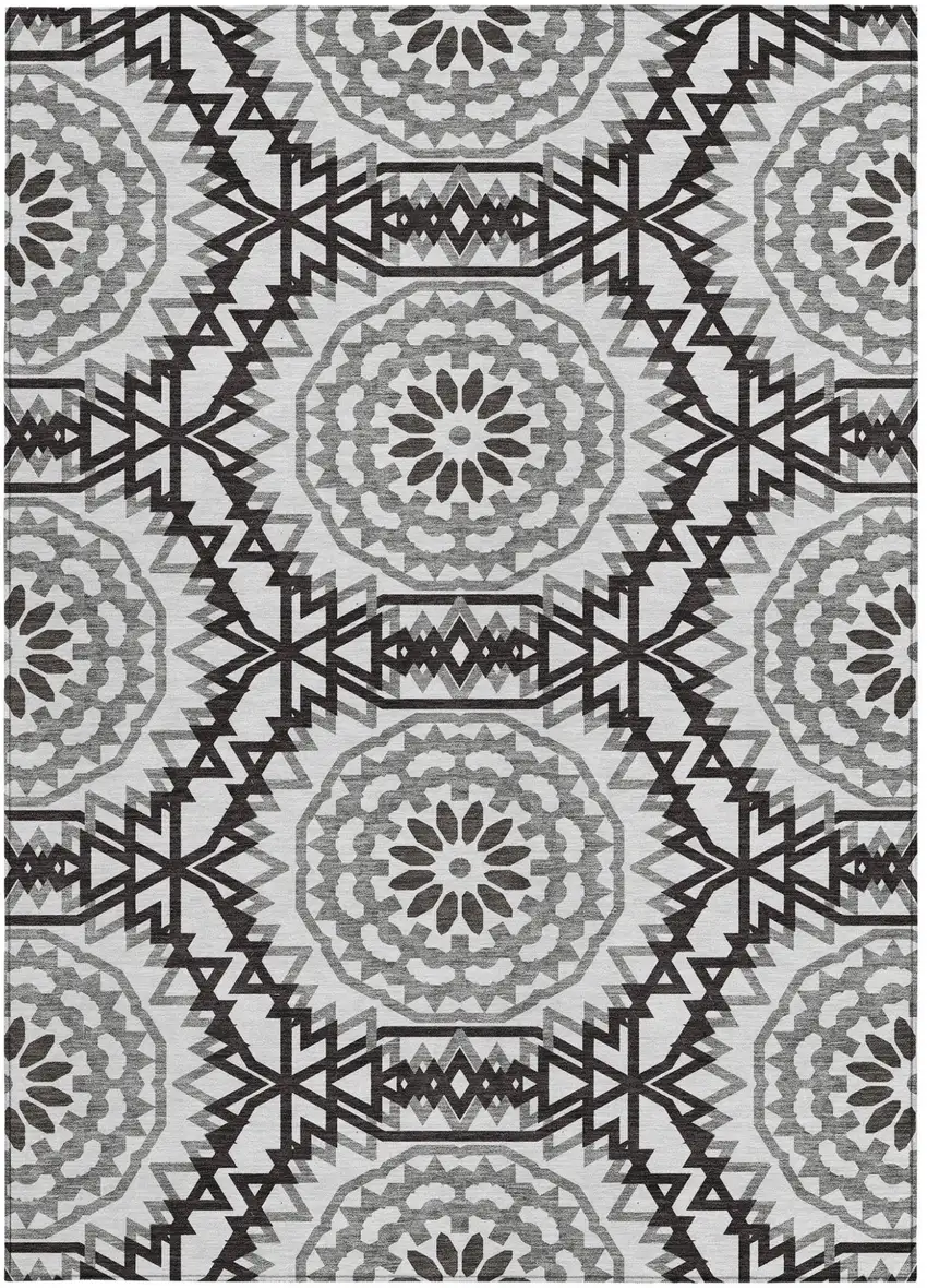 White Black And Gray Floral Medallion Washable Indoor Outdoor Area Rug Photo 5